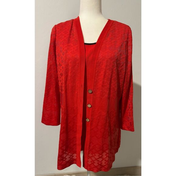 Misook poppy Red sweater and tank top sheer textured V neck cardigan M - Picture 2 of 12